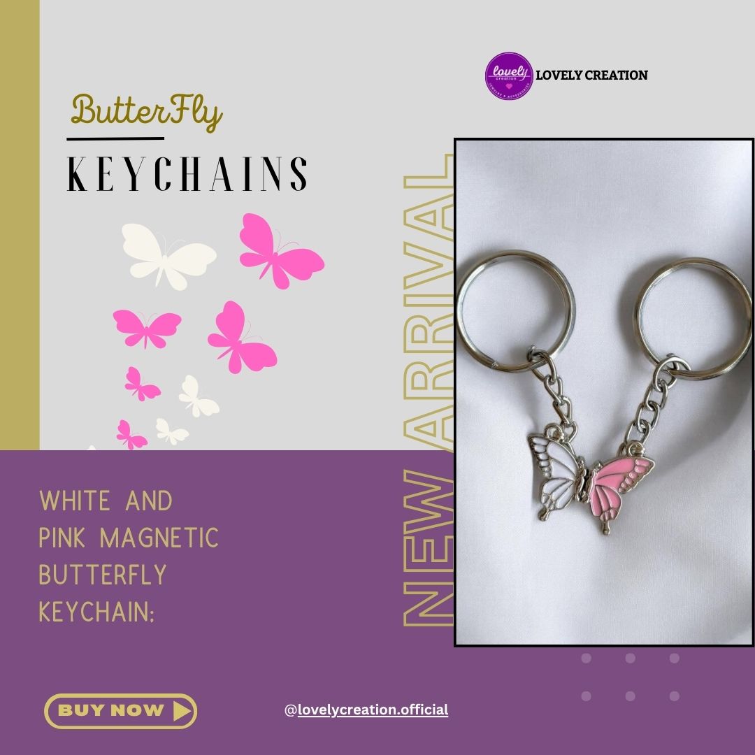 White and Pink Butterfly Magnetic Keychain ( Pair )